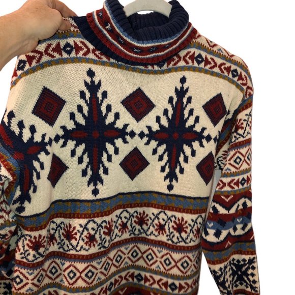 delia mcKain Vintage 90s cotton Mountain Lodge Fair Isle ikat sweater XL - Picture 4 of 5